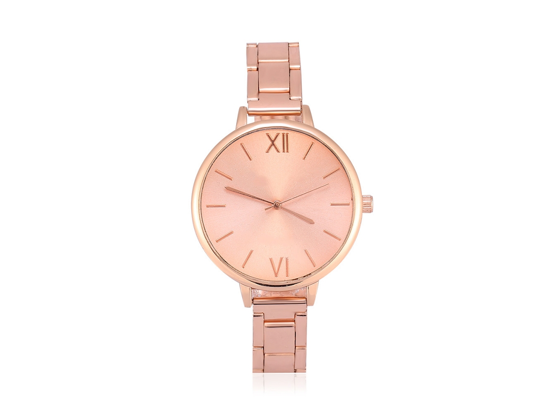 Relógio de Pulso Analógico de Quartzo com Mostrador Grande Pulseira de Liga Ouro Rosa