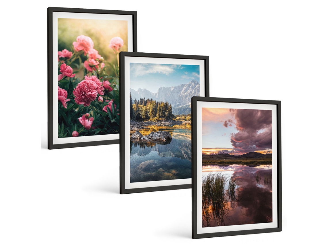 Composição De Quadros Flores, Jardim, Montanhas, Água Moldura Preta Quadros Para A Sala De Estar Espelharte (3 Piezas De 40x60 Cm)