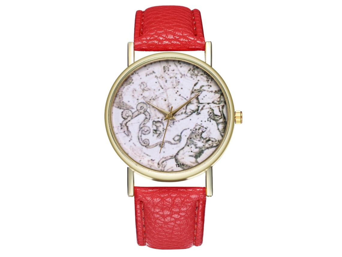 Relógio de pulso simples estilo vintage com mecanismo de quartzo e pulseira de couro sintético vermelha.