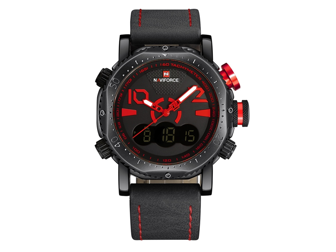 Relógio Masculino Naviforce de Pulso com Pulseira Pu, Resistente À Água, Movimento Duplo Quartz Eletrônico