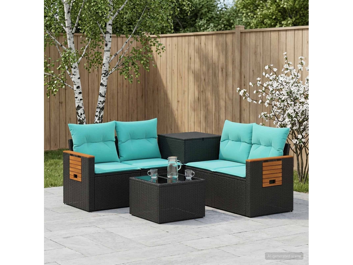 Vidaxl Conjunto De Sofás 6 Unid. Preto E Azul Rattan Poliéster E Aço