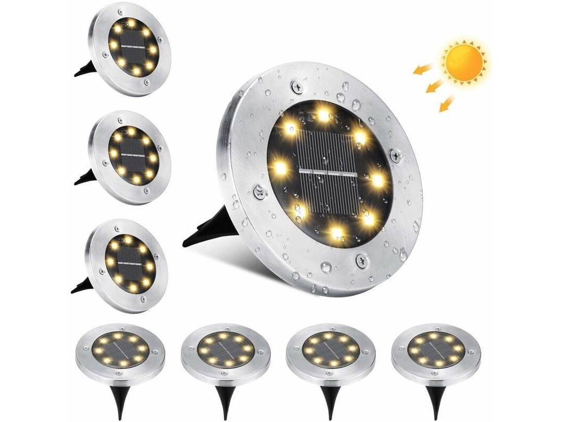 Luzes Solares Exteriores, 8 peças, IP65, Aço Inoxidável, Branco Quente | S/MARCA