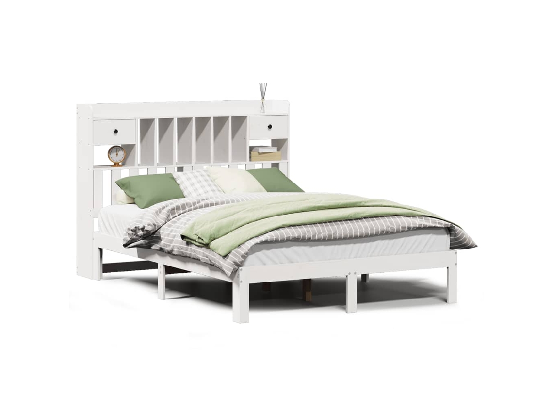 Cama com Estante Pinho Maciço Branco MAISON EXCLUSIVE (135x190 cm)