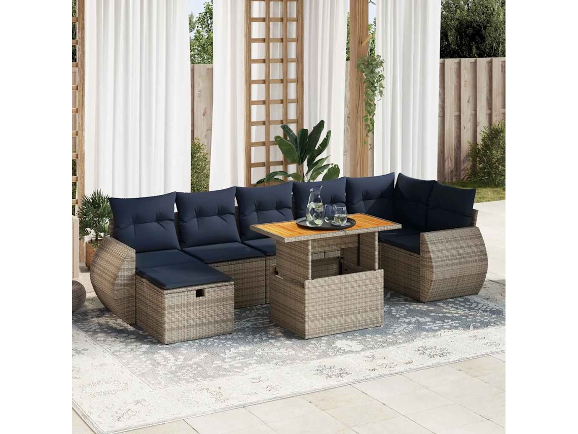Vidaxl 8 Pcs Conjunto Sofás Jardim Almofadões Vime Pe/acácia Cinzento