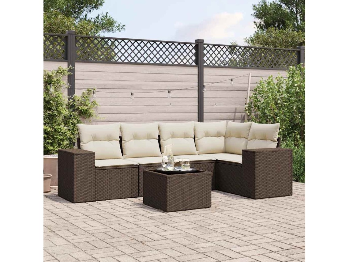 Vidaxl 6 Pcs Conjunto De Sofás Jardim C/ Almofadões Vime Pe Castanho
