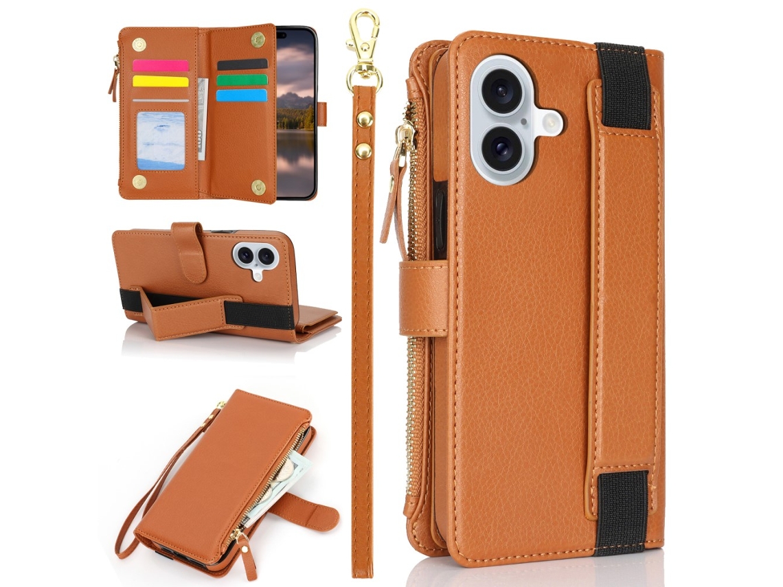 Capa Em Couro Pu, Com Suporte Para Apple Iphone 16 - Castanho