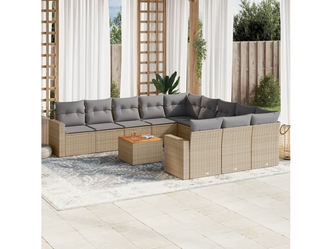 Vidaxl 12 Pcs Conj. Sofás Jardim C/ Almofadões Vime Pe Bege Misturado