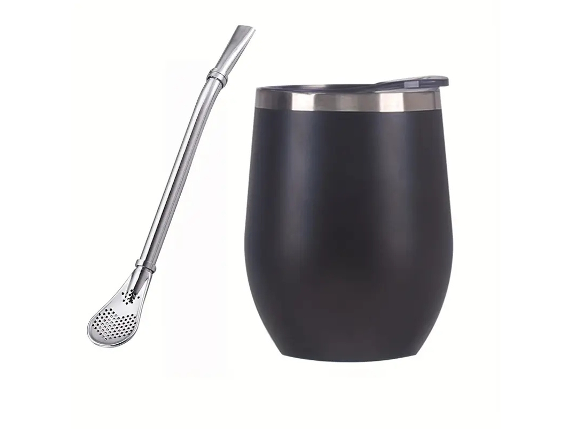Conjunto De Xícara De Chá Mate Em Aço Inoxidável (preto), Com Tampa, Canudo E Colher Inclusos.
