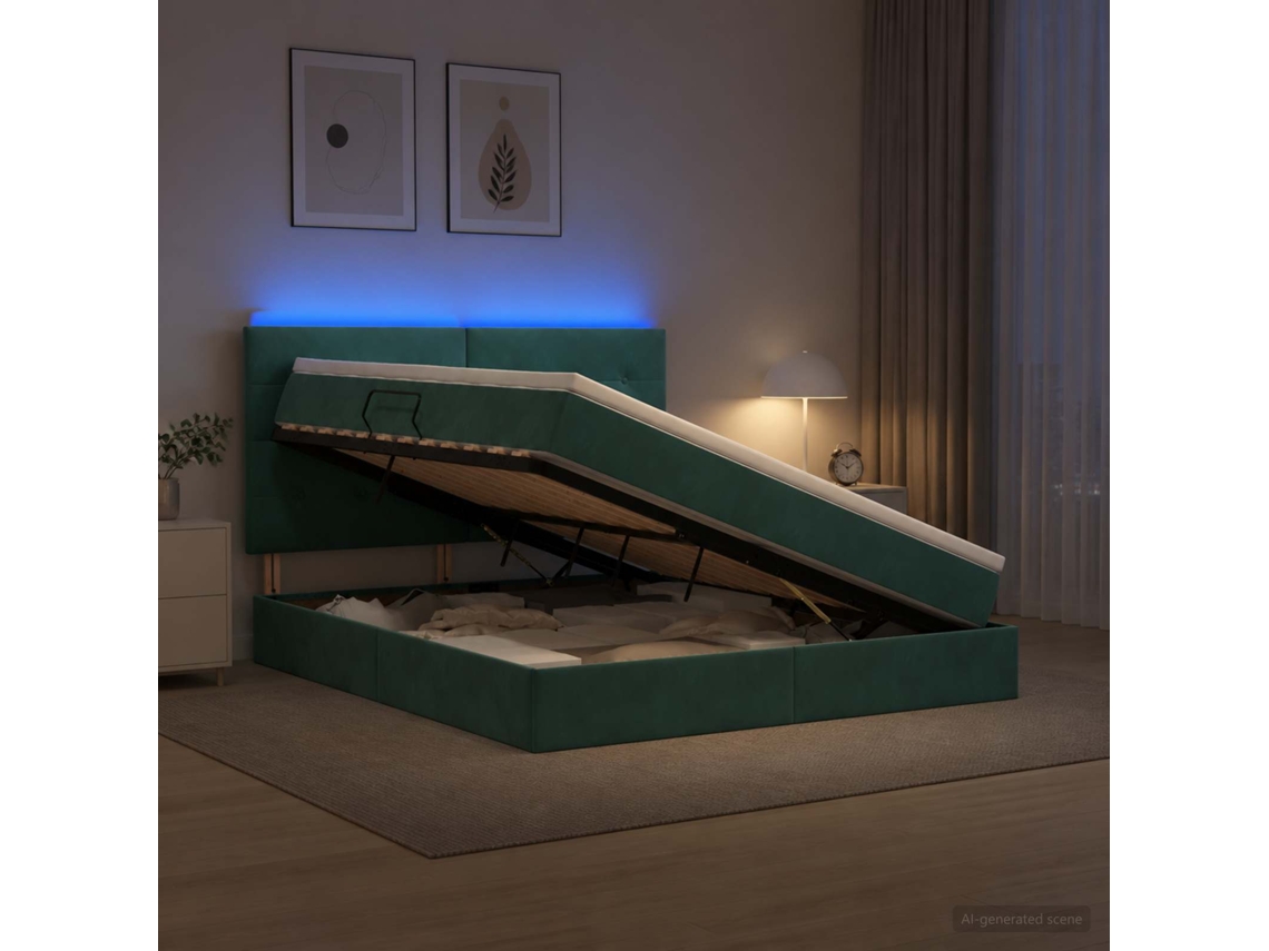 Vidaxl Cama De Armazenamento Led Com Colchão Verde-escuro 180 X 200 Cm