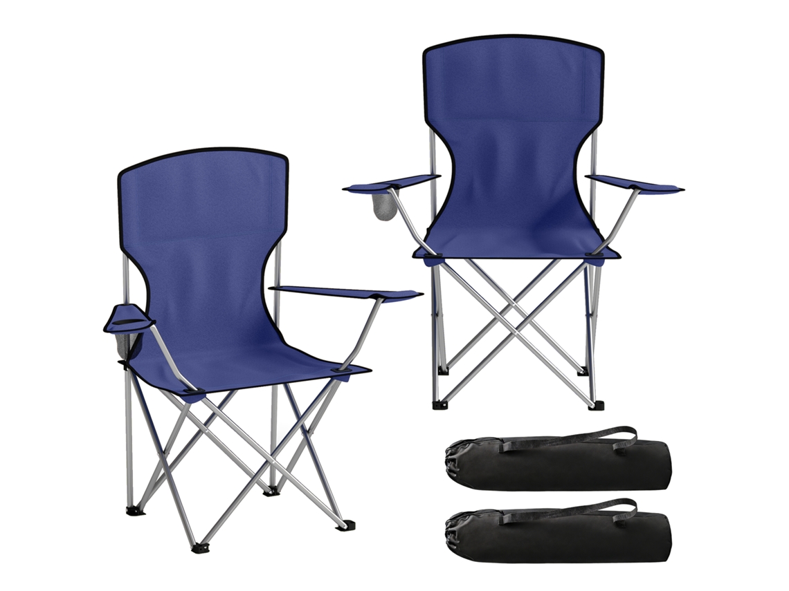 Conjunto de 2 Cadeiras Dobráveis de Camping com Suporte para Copos. Bolsa de Transporte. Encosto Alto. 88x57x97cm. Azul Escuro Ge