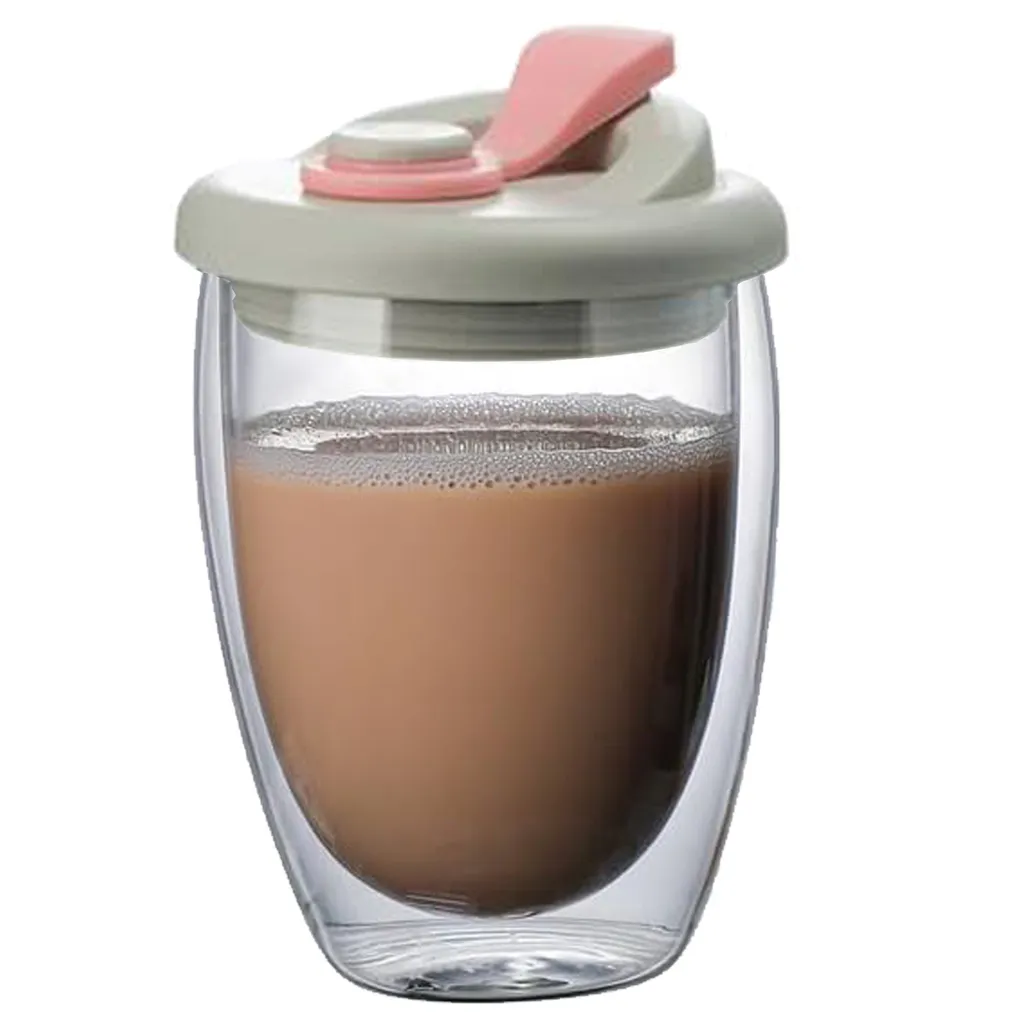 Copo De Café Expresso Parede Dupla 350ml Com Tampa Silicone, Caneca Térmica Vidro Rosa. Aquaforge