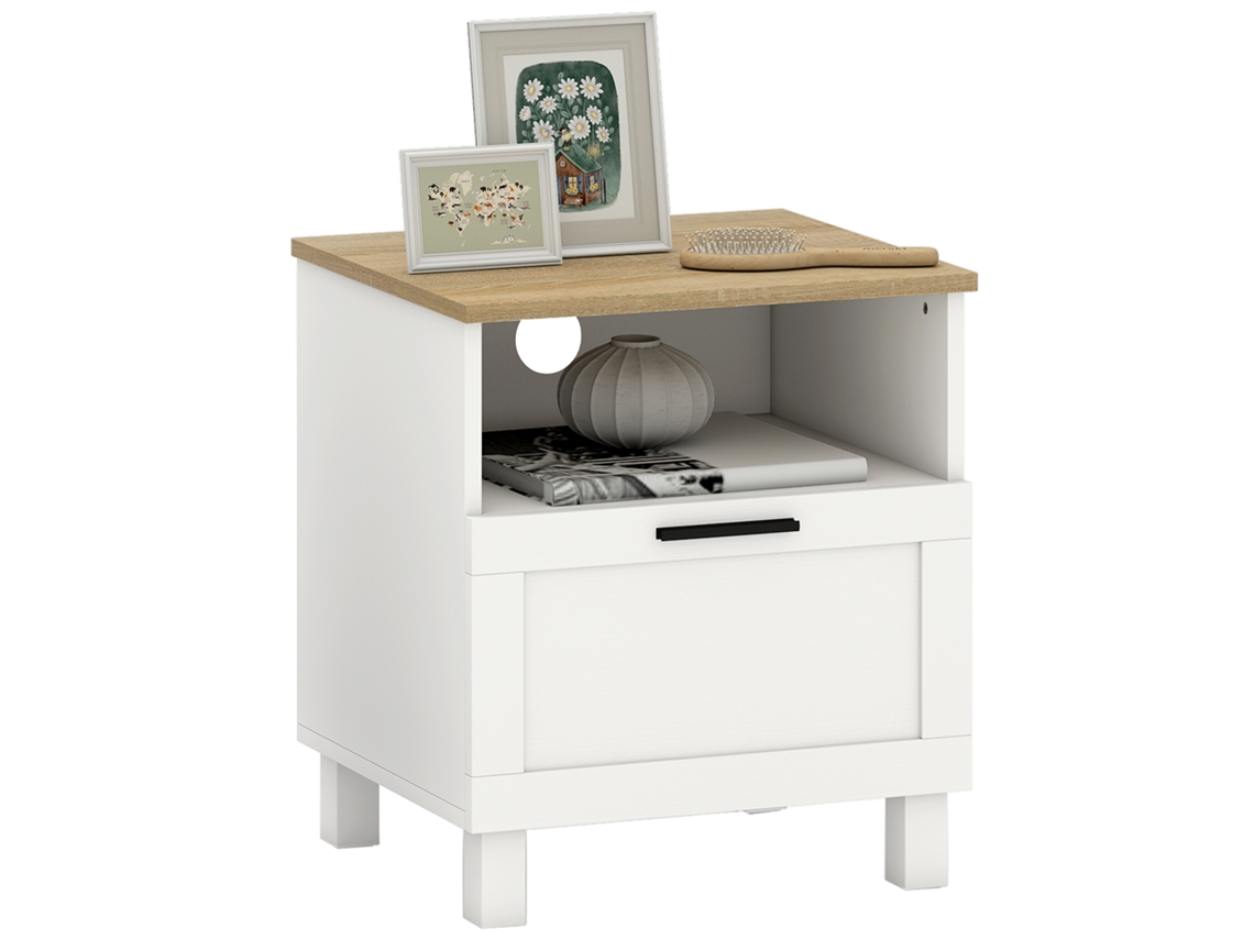Comodino Minimal Em Madeira Com Gaveta E Prateleira Aberta, 45x38x50 Cm, Branco E Castanho