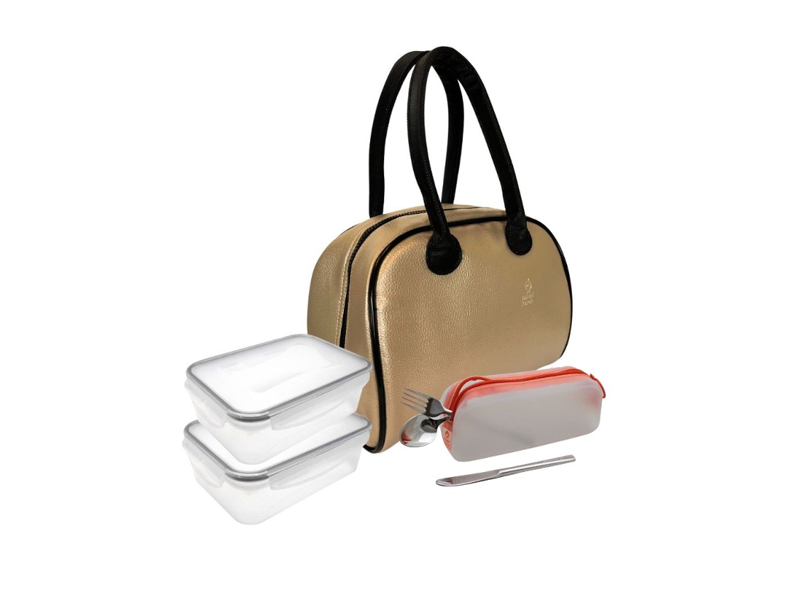 Set Lancheira Smarteve Dourada 2X500Ml e Bolsa com Talheres SMARTLUNCH