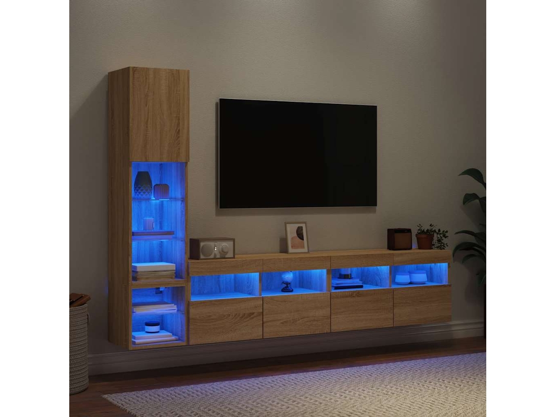 Vidaxl 4pcs Móveis Parede P/ Tv C/ Leds Deriv. Madeira Carvalho Sonoma