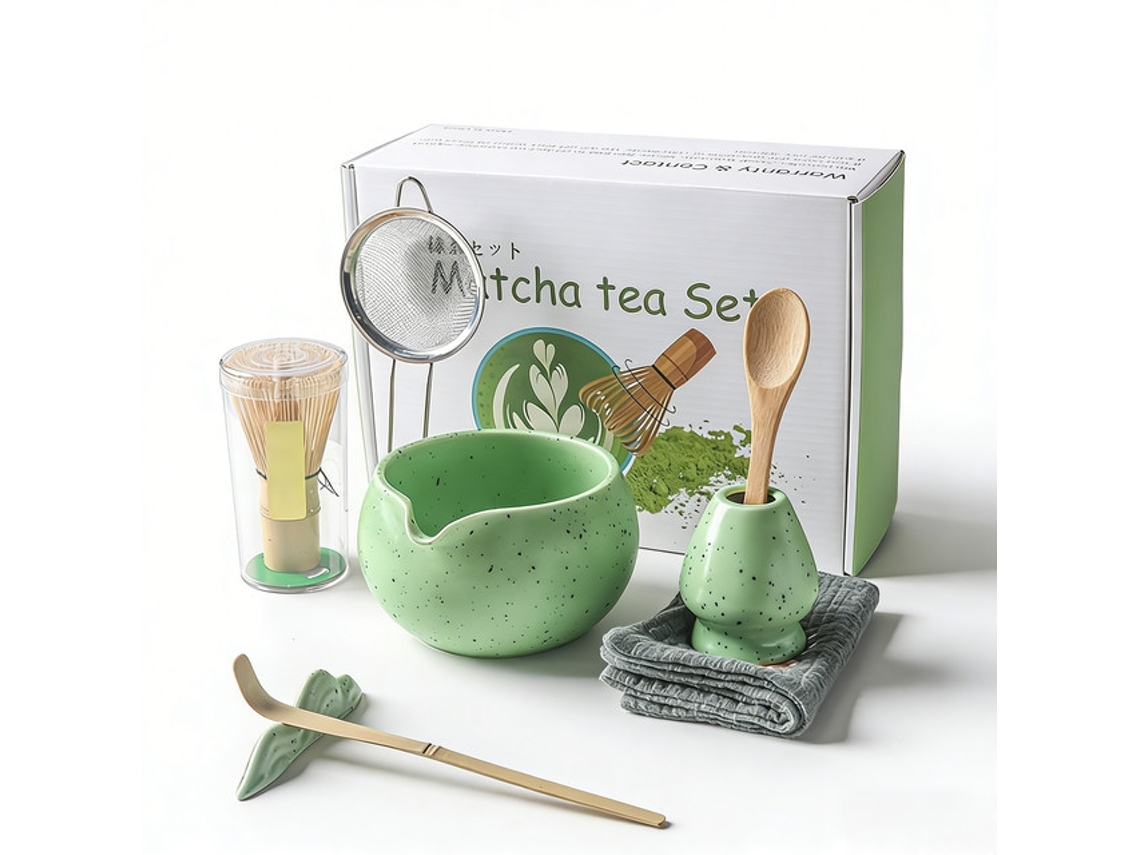 Conjunto 8 Peças Matcha - Kit Chá Matcha - Batedor Matcha - Cerâmica - Forma Redonda - Verde