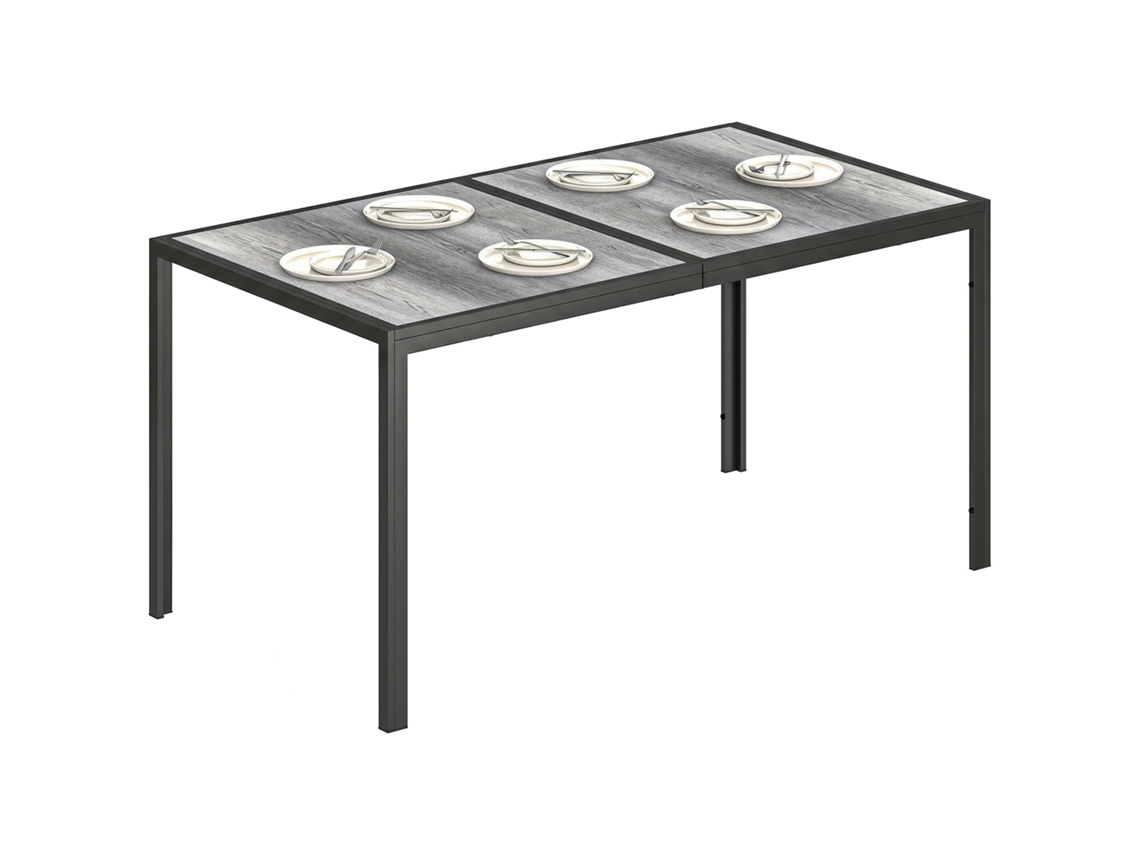 Mesa de jardim para 4-6 pessoas com tampo efeito madeira, em aço e plástico PS/PC (150x80x74 cm) cinza e preto BTFORUS