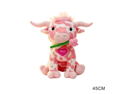 Pelúcia, uma vaca das Terras Altas rosa de 45 cm, oferece laxantes para festas, Natal e Halloween.