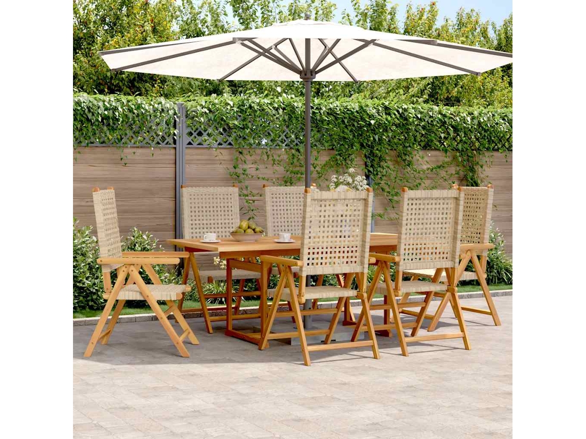 Vidaxl 7pcs Conjunto De Jantar P/ Jardim Vime Pe/ Madeira Maciça Bege