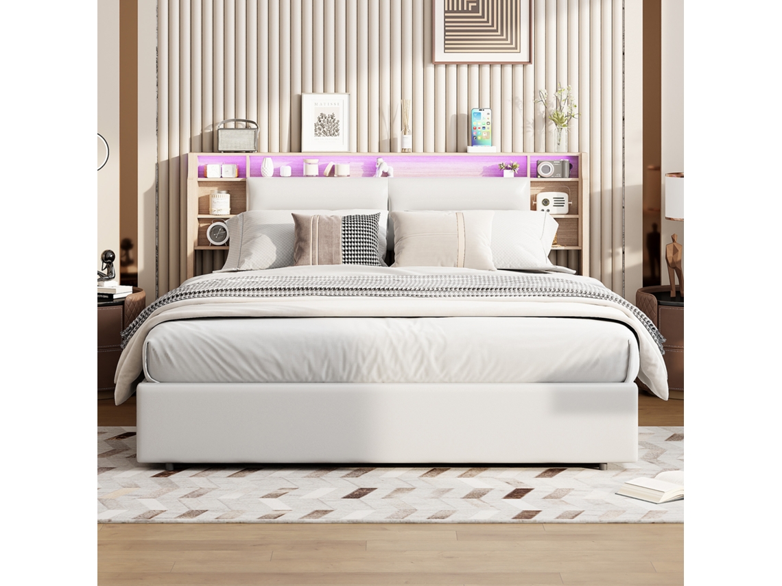 Cama Com Armazenamento 140x200 Cm, Cama Arquitector De Casal Com Cabeceira, Sistema Pneumático, Luz Led 6000 Cores, Controlo Por App-branco