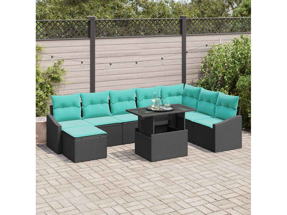 Vidaxl Conjunto De Sofás Com Almofada 9 Pcs Preto E Azul Vime Pe