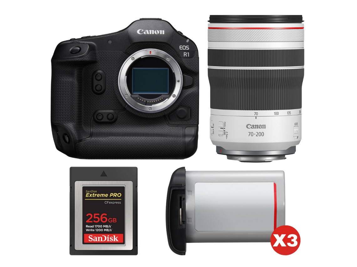 Eos R1 + Rf 70 200mm F/4 L Is Usm + 1 Sandisk 256gb Extreme Pro Cfexpress Type B + 3 Canon Lp e19 + Ebook “20 Dicas para Fotos Que Impressionam” CANON