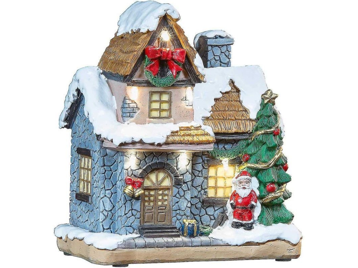 Decoración Navideña Com Luzes Led, Papai Noel, Casa E Árvore De Natal, Baterias, 14x16x8 Cm