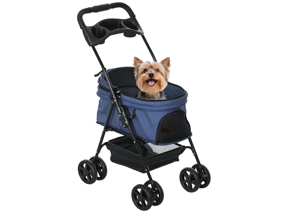 Carrinho para Cães Pequenos NOVAVEST com rodas universais, cesto de armazenamento, cintos de segurança e janelas, 67x45x96 cm, azul