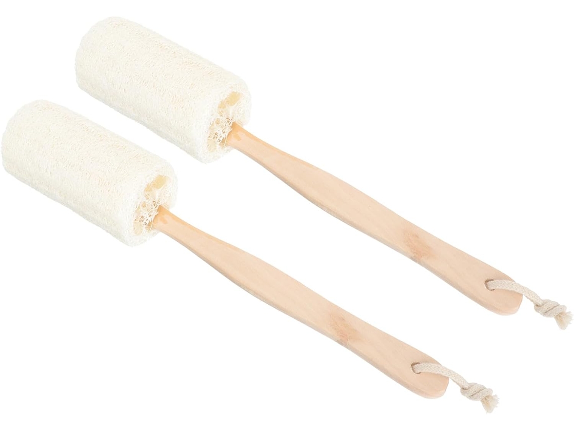 Conjunto De 2 Escovas Banho Bucha Vegetal Com Cabos Madeira, 30cm, Esfoliantes Para A Pele, Para Uso Doméstico, Corporal