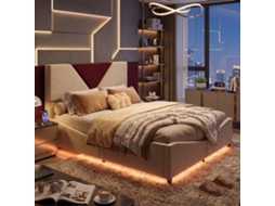 Lazyspace Cama De Casal Estofada Em Veludo 140x190 Cm Com Iluminação Led E Arrumação Hidráulica - Bege E Vinho