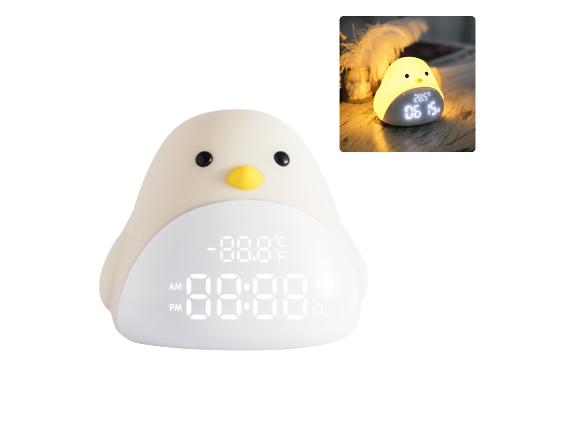 Lâmpada de noite com despertador, pássaro cartoon, silicone, touch, USB, LED, para crianças, presente | S/MARCA