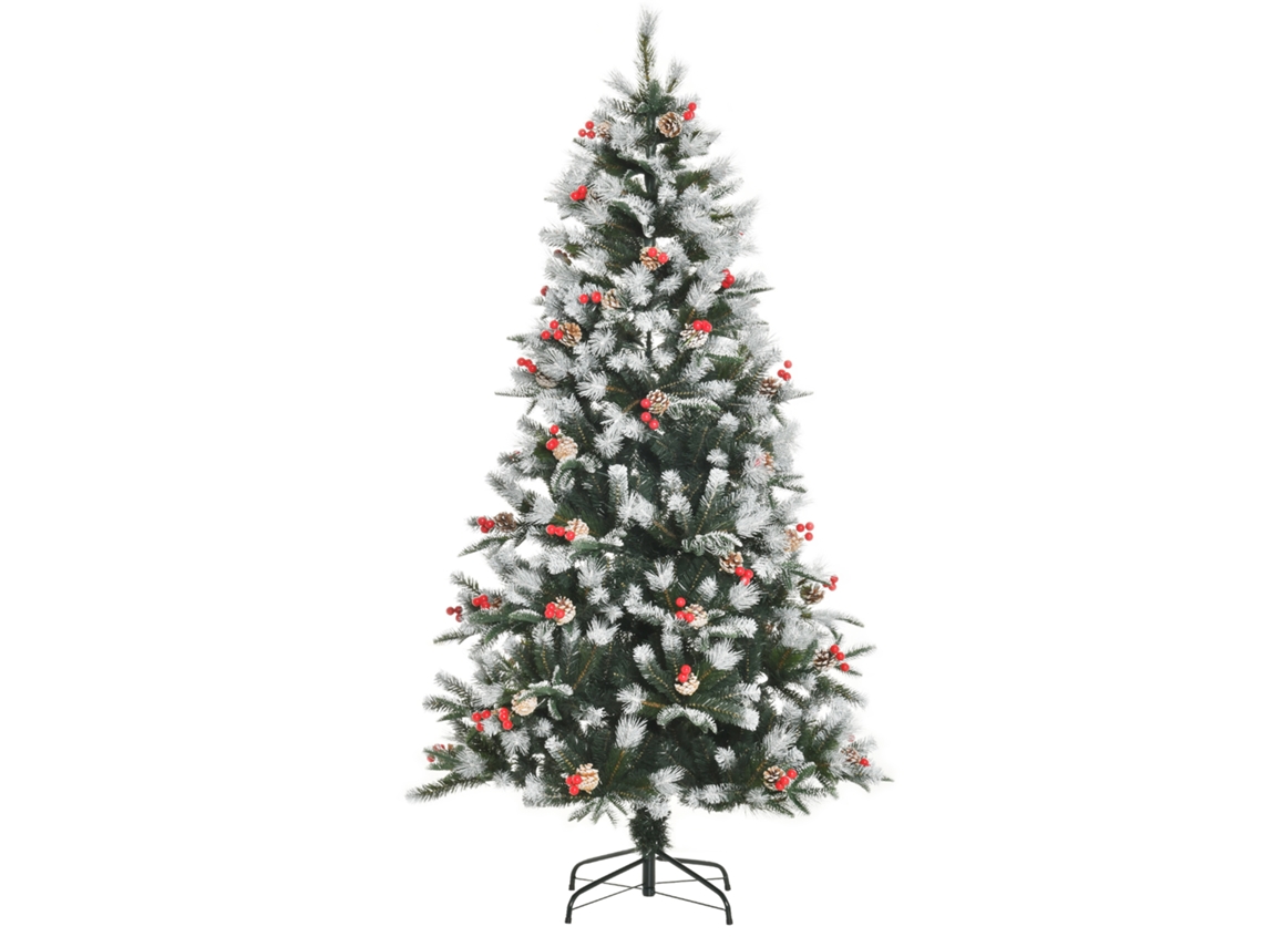 Árvore de Natal de Nevada, 180cm, com frutas vermelhas e pinhas brancas, base removível, 678 galhos, verde