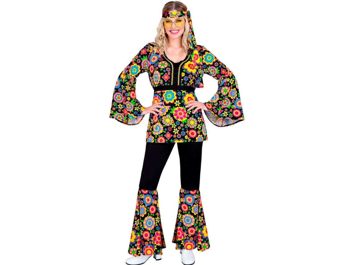Fantasia Hippie dos anos 60 com flores e mandalas para mulher