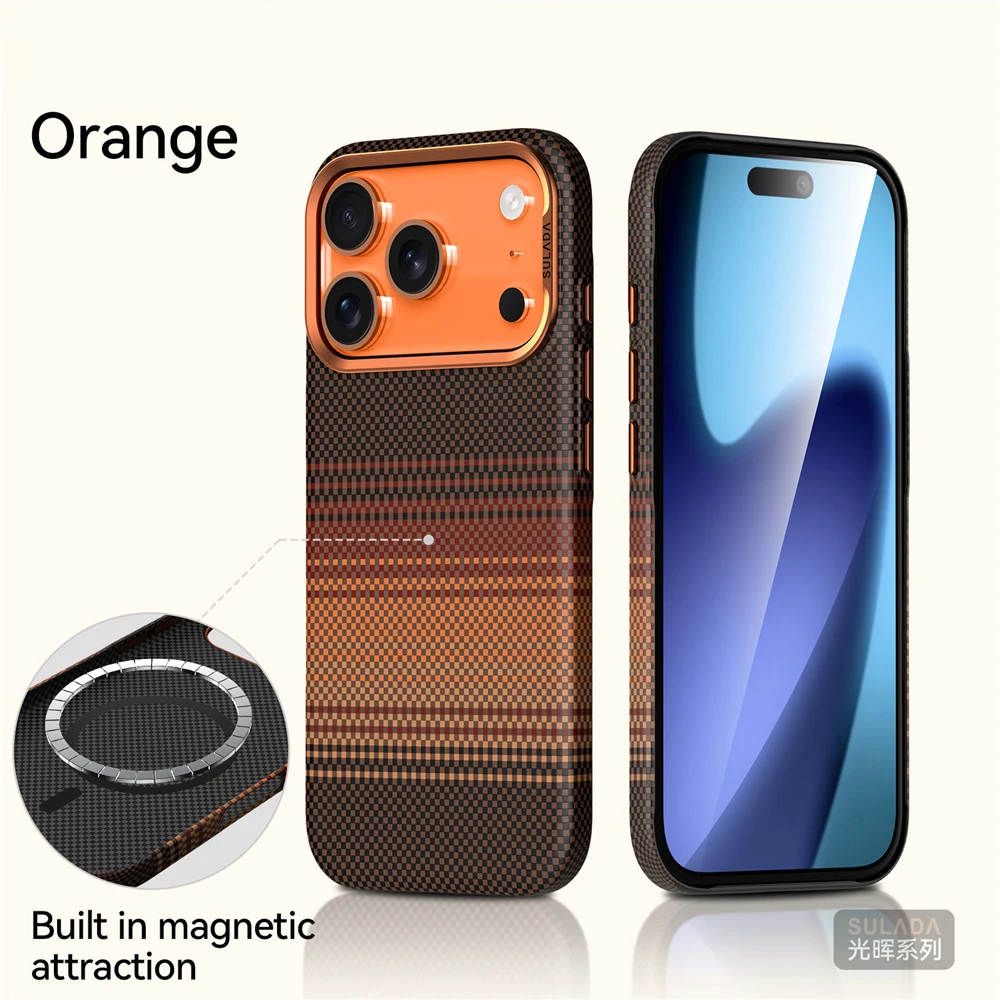 (laranja, Iphone16 Promax)caso De Telefone Texturizado Com Fibra De Carbono, Suporta Carregamento Sem Fio Por Sucção Magnética, À Prova De Choque