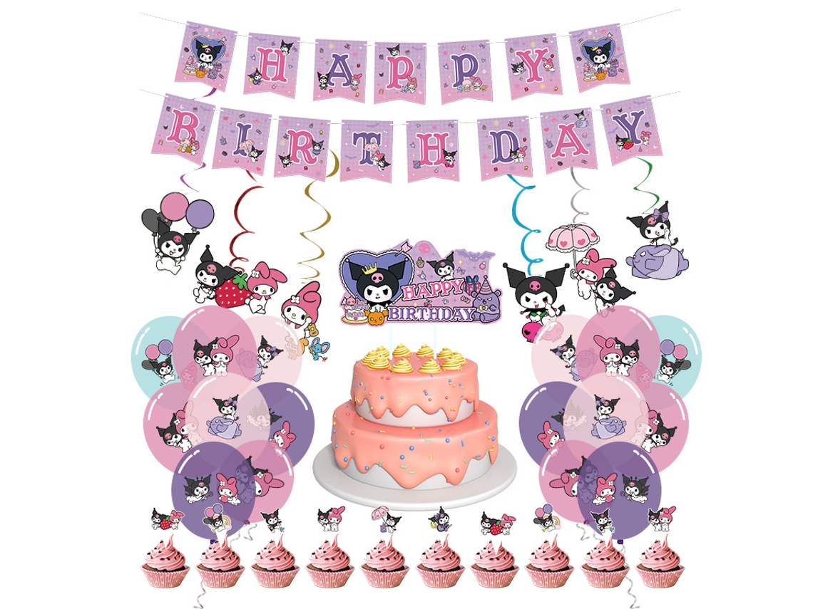 Conjunto de Pratos, Flocos, Guardanapos e Balões para Festa com Tema Kuromi BRILVIBERA