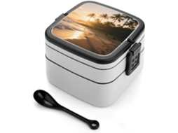 Marmita Bento Sunset Coconut Coast De Camada Dupla Para Adultos Com Colher E Alça, À Prova De Vazamentos, Marmita