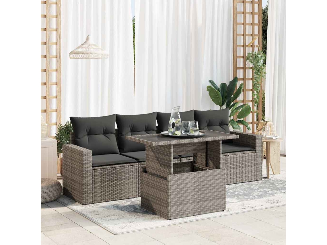 Vidaxl 5 Pcs Conjunto Sofás de Jardim C/ Almofadões Vime Pe Cinzento