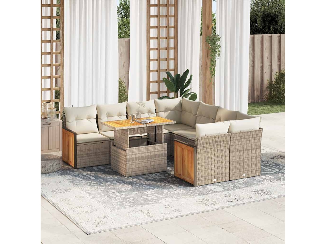 Vidaxl 9 Pcs Conjunto Sofás Jardim Com Almofadões Vime Pe/acácia Bege
