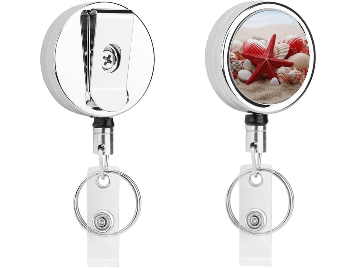 Chaveiro Redondo Retrátil Em Aço Inoxidável Com Estrela Do Mar Vermelha E Conchas, Clipe De Crachá De Metal Resistente
