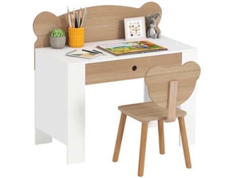 Secretária E Cadeira Para Crianças Mdf E Madeira De Pinho Cor Madeira E Branco 80x41x74,5 Cm Aiyaplay