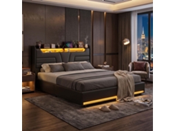 Lazyspace Cama De Casal Estofada Em Pele Sintética 160x200 Cm Com Iluminação Led, Conexão Usb E Arrumação Hidráulica - Preto