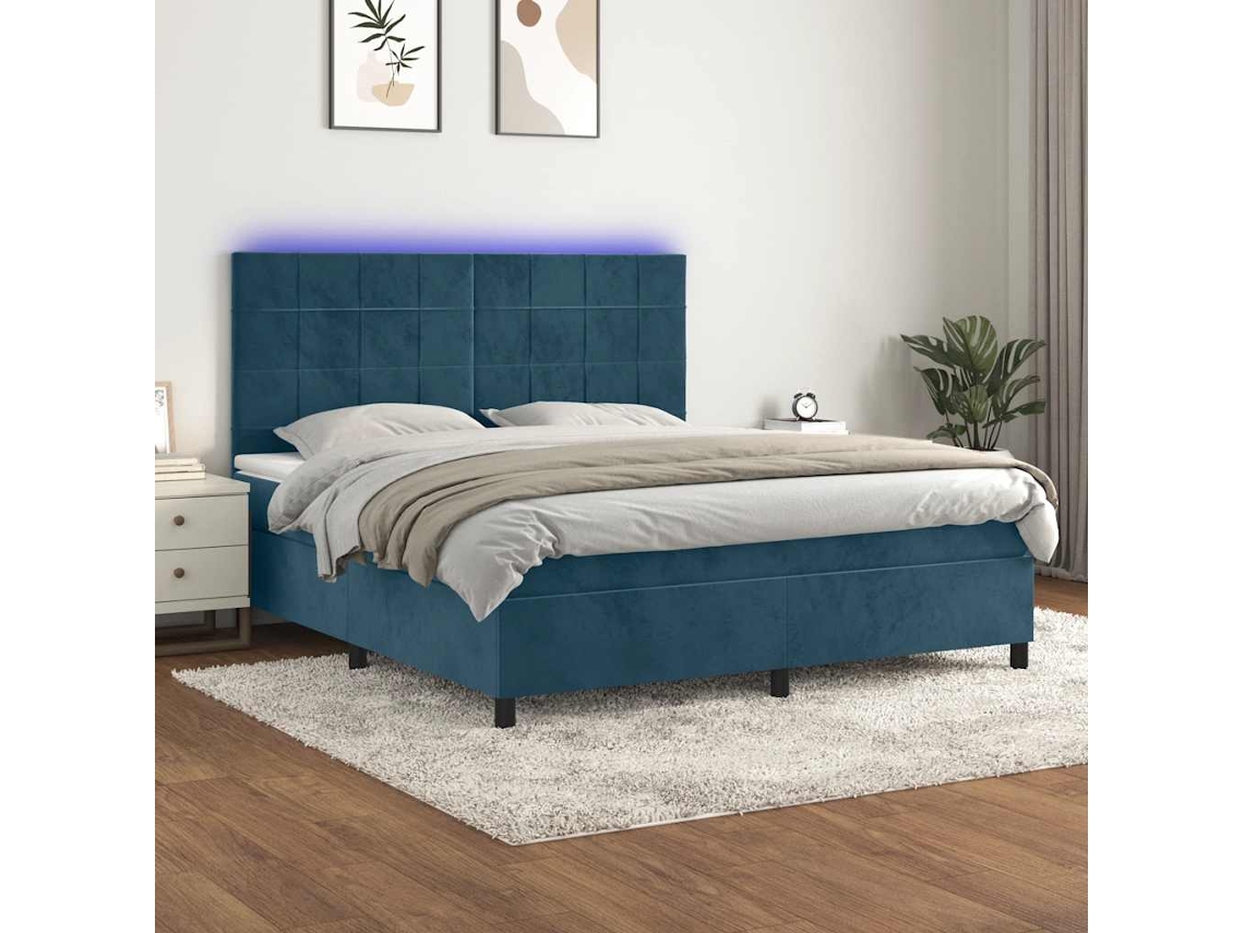 Vidaxl Cama Box Spring C/ Colchão/led 160x200 Cm Veludo Azul-escuro