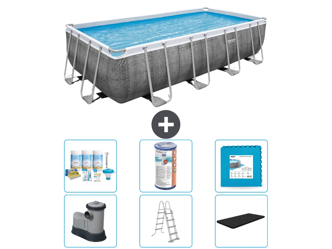 Piscina Retangular Power Steel BESTWAY Impressão em Rattan 549 X 274 X 122 Incluindo Bomba Escada Cobertura Acessórios Cb30
