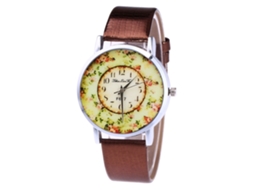 Relógio unissex para casais com mostrador floral e pulseira de couro PU marrom.