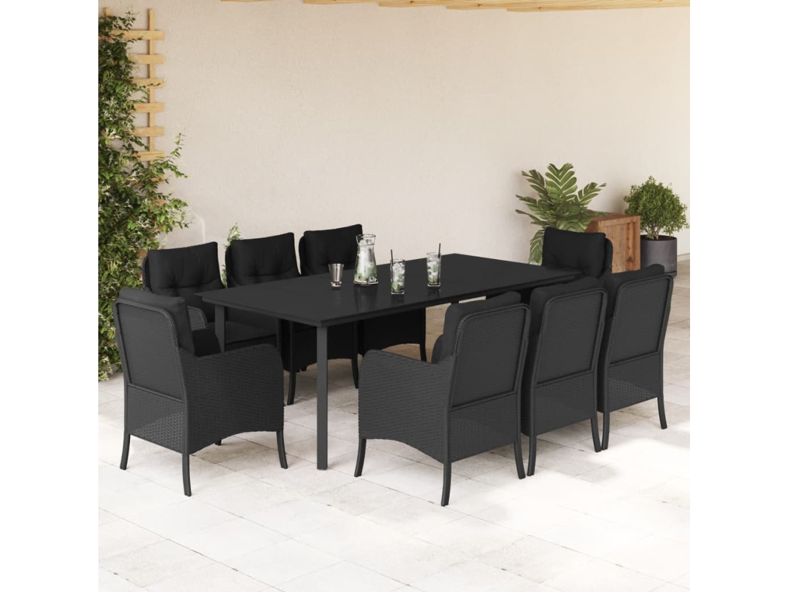 Vidaxl 9 Pcs Conjunto De Jantar P/ Jardim C/ Almofadões Vime Pe Preto