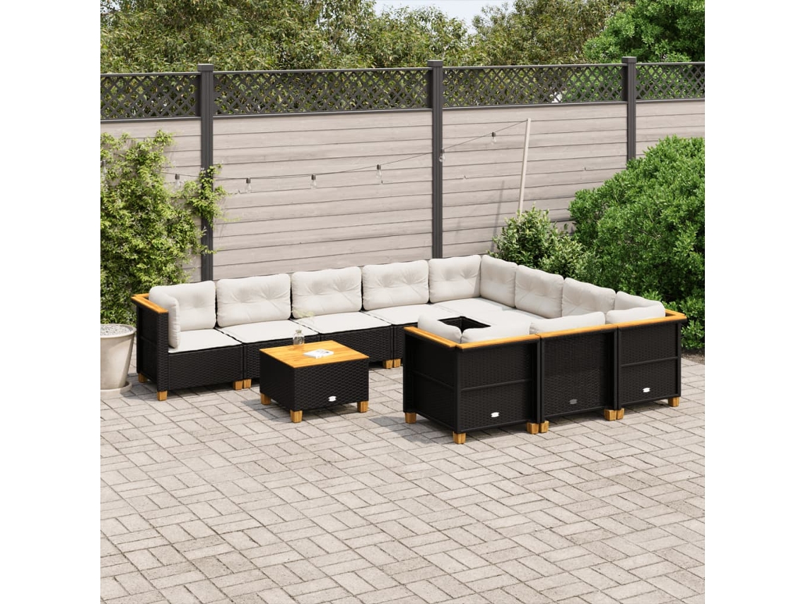 Vidaxl 11 Pcs Conjunto Sofás De Jardim C/ Almofadões Vime Pe Preto