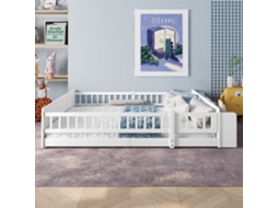 Cama infantil 140x200cm, pinho maciço, com prateleiras, porta com proteção, capacidade 200kg, sem colchão, branco, KOMHTOM
