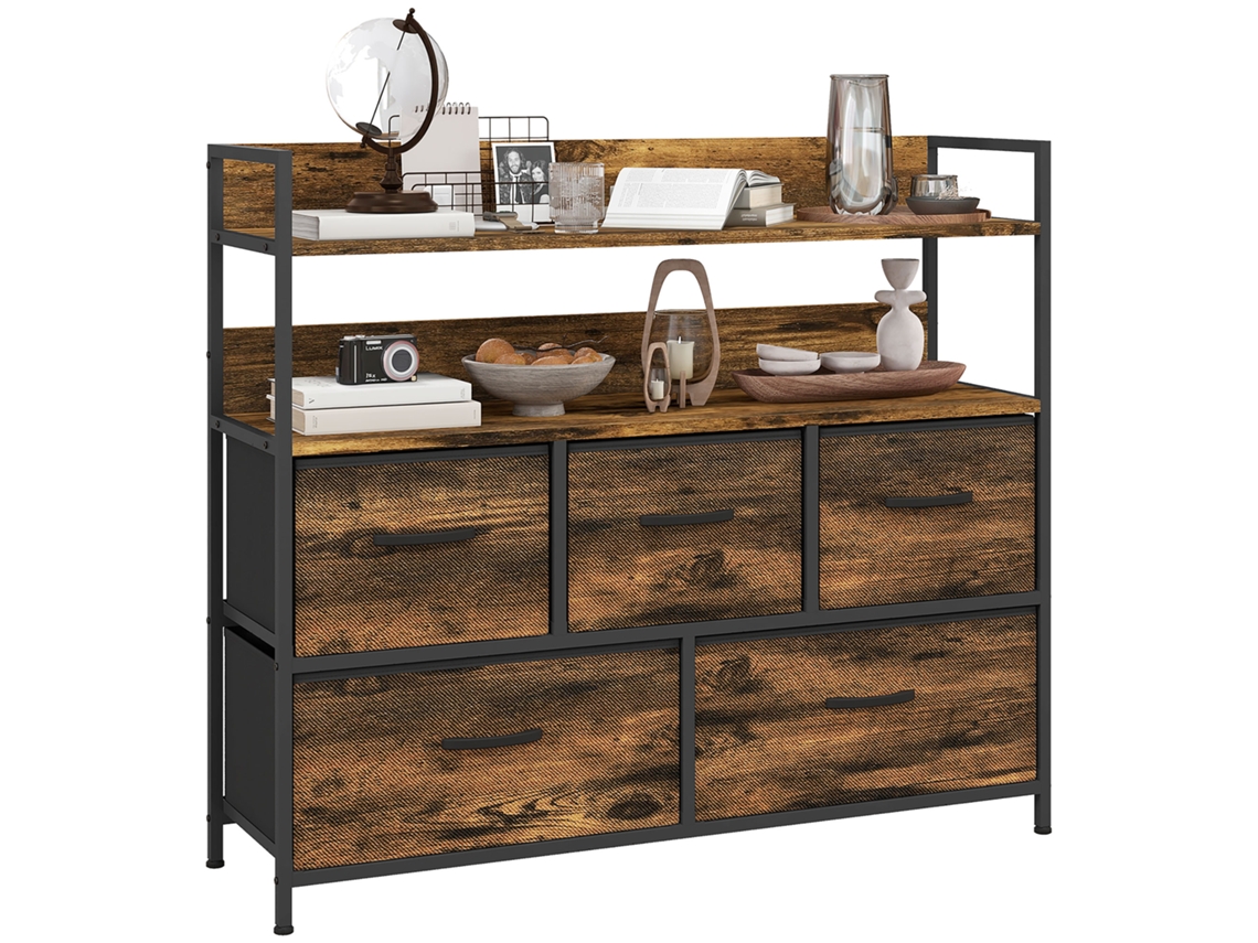 Cômoda Com 5 Gavetas E Prateleiras Dobráveis E Removíveis Em Tecido, 98 X 29 X 85 Cm, Marrom Rústico.