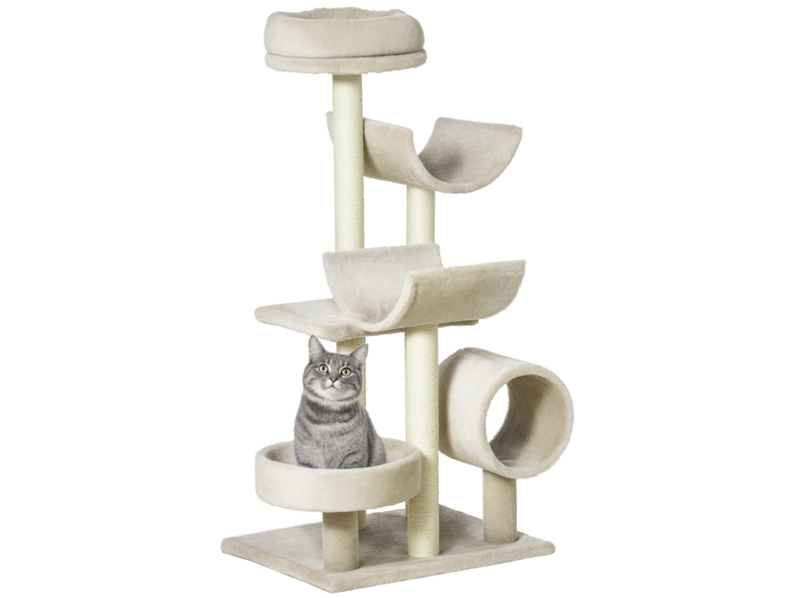 Árvore para Gatos de 105 Cm com Túnel, Plataformas e Postes de Sisal para Arranhar, para Gatos de Até 5 Kg, Bege. ESSÊNCIACASA