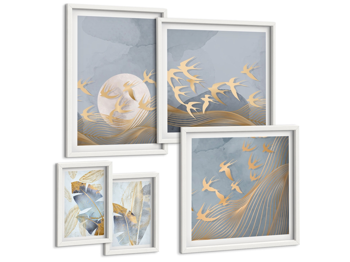 Conjunto De Pinturas Pássaros Estilosos Folhas Tons De Cinza Espelharte (5 Peças)
