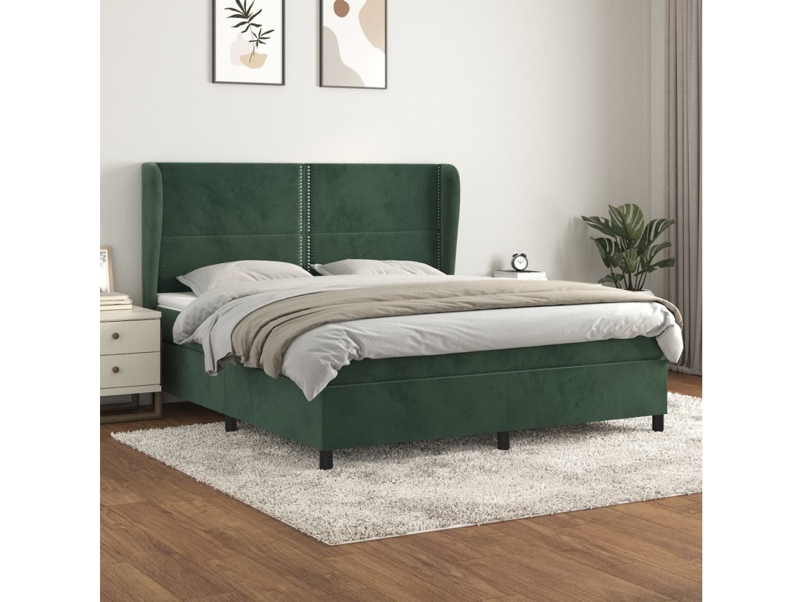 Cama Com Molas/colchão 160x200 Cm Veludo Verde-escuro